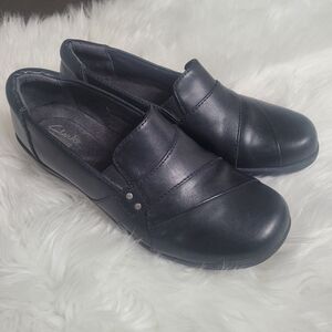 Clarks Women's Black Leather Slip On Clogs Size 7 Comfort Mules Casual